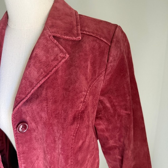 Burgundy 100% Leather Suede Trench Coat Jacket Small Denim & Co Academia Boho - Picture 3 of 16